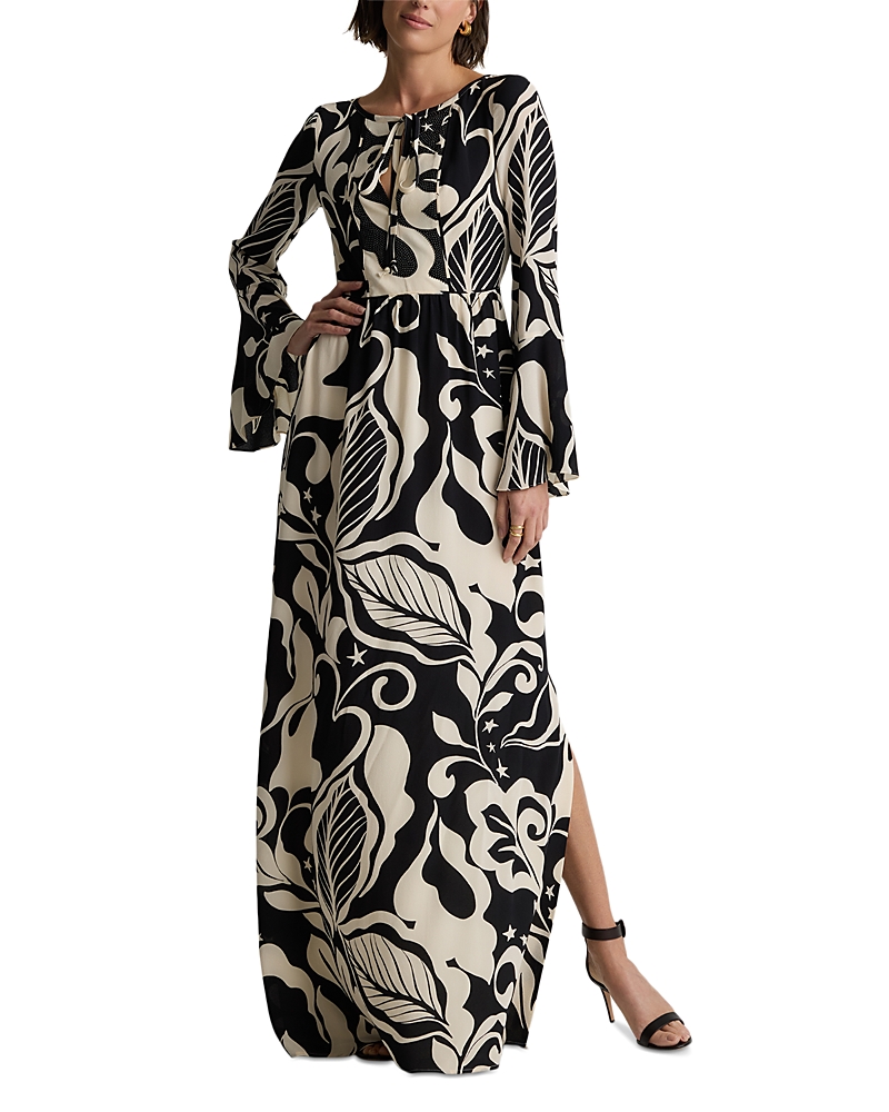 St John St. John Collection Harlow Leaf Print Long Sleeve Silk Maxi Dress In Black