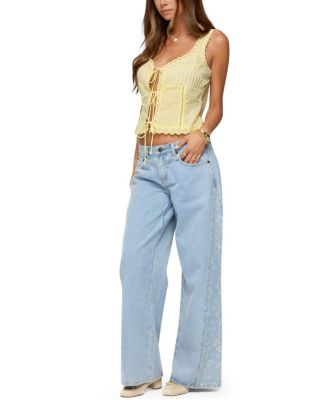 Floral Split Low Rise Blue Wash Jeans