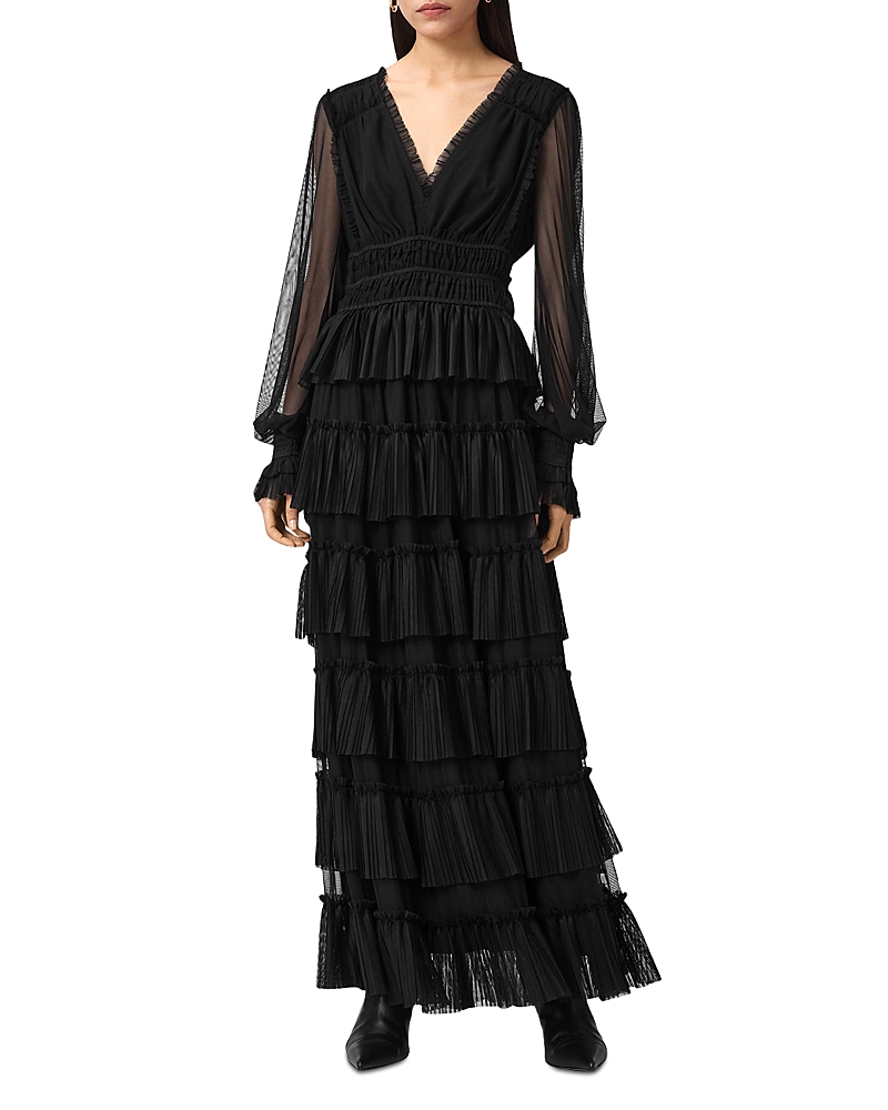 Allsaints Xantara Shirred Maxi Dress In Black