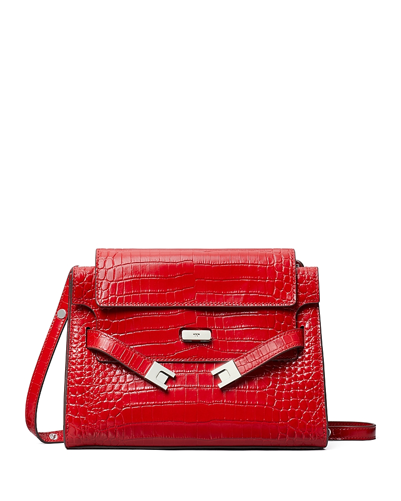 Tory Burch Lee Radziwill Croc Embossed Shoulder Bag In Red