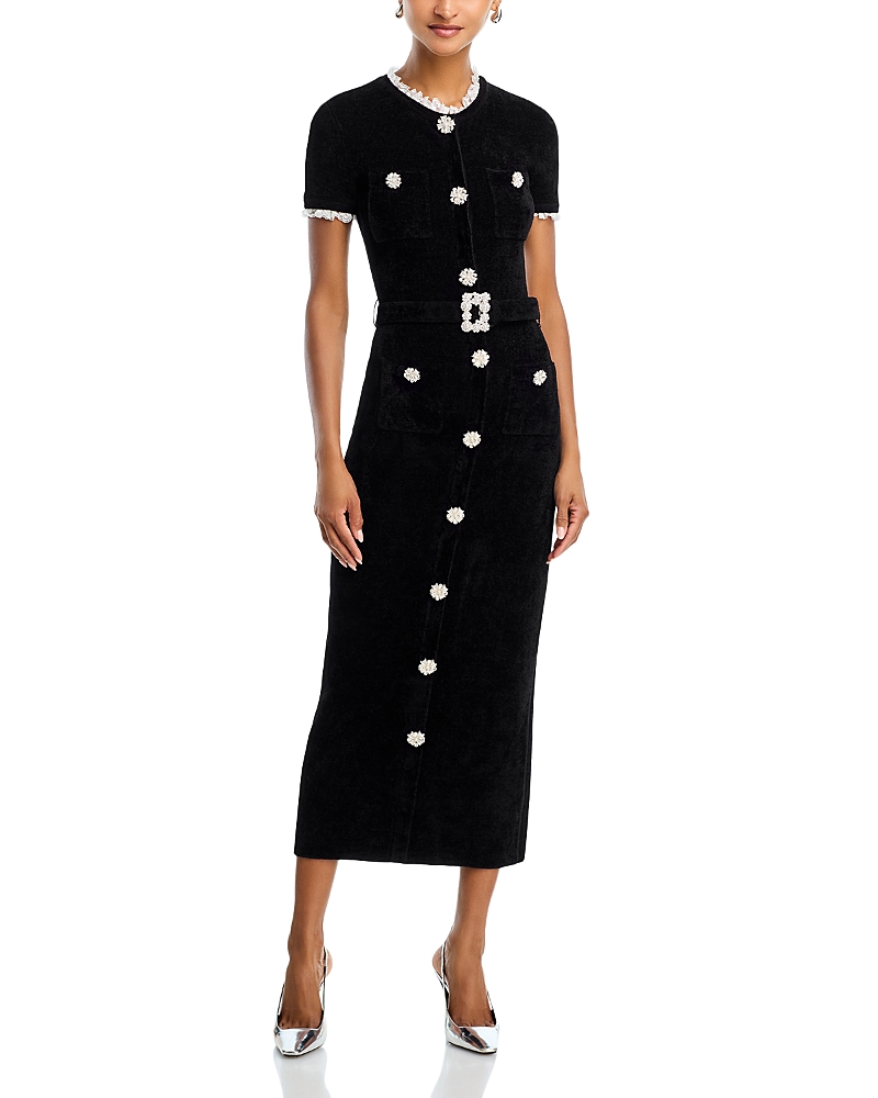 Self-portrait Womens Black Crystal-embellished Lace-trim Chenille-knit Midi Dress In Black