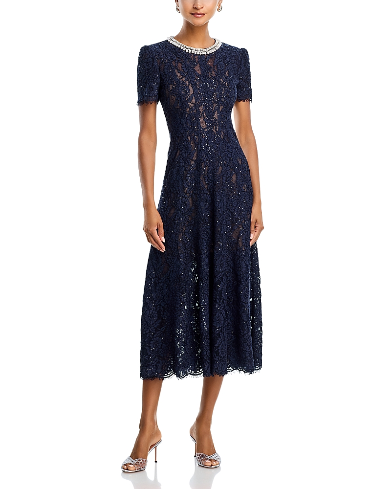 Self-portrait Navy Lace Midi Dress With Pearl And Crystal Embellished Collar In Blue