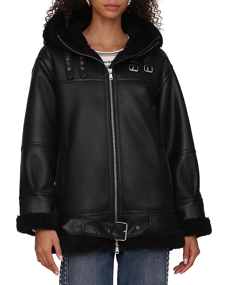 Avec Les Filles Faux Shearling Hooded Coat In Black