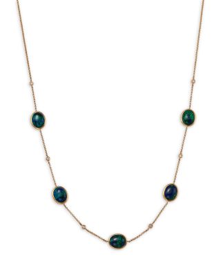 Azurite & Diamond Bezel Collar Necklace in 14K Yellow Gold, 16-18"