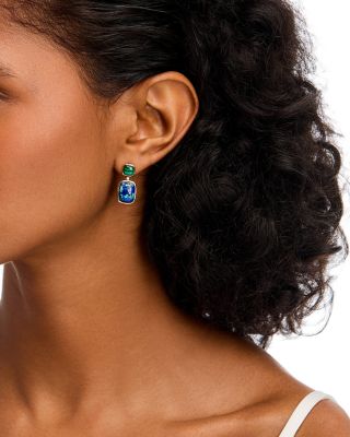 Malachite, Azurite & Diamond Drop Earrings in 14K Yellow Gold