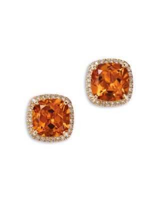 Citrine & Diamond Halo Stud Earrings in 14K Yellow Gold