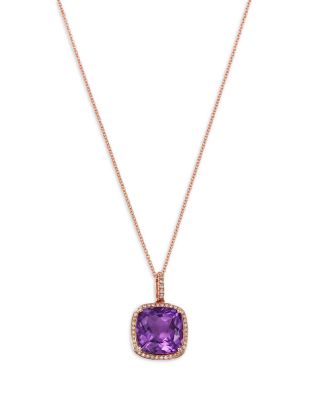 Amethyst & Diamond Cushion Halo Pendant Necklace in 14K Rose Gold, 16-18"