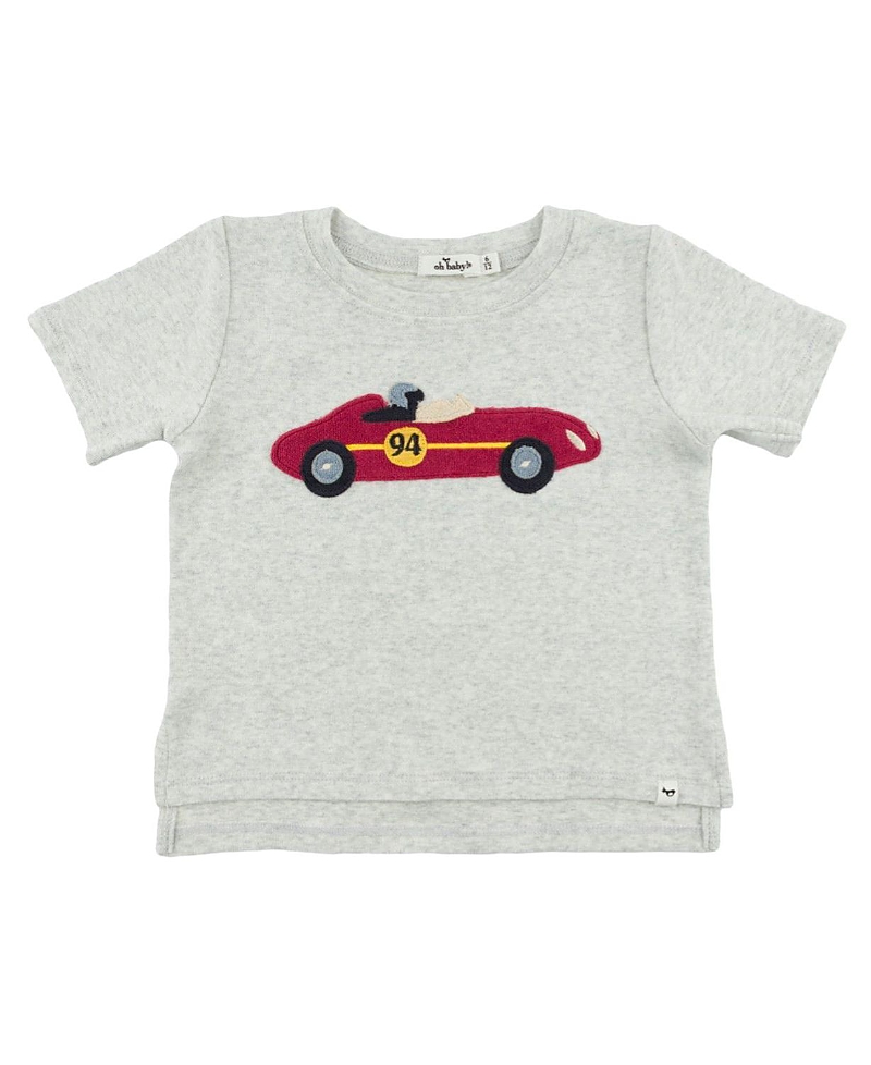 Oh Baby ! Unisex Racecar Applique Raw Edge Slub Tee - Little Kid In Gray