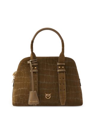 Medium Croc Embossed Nubuck Leather Bowling Bag