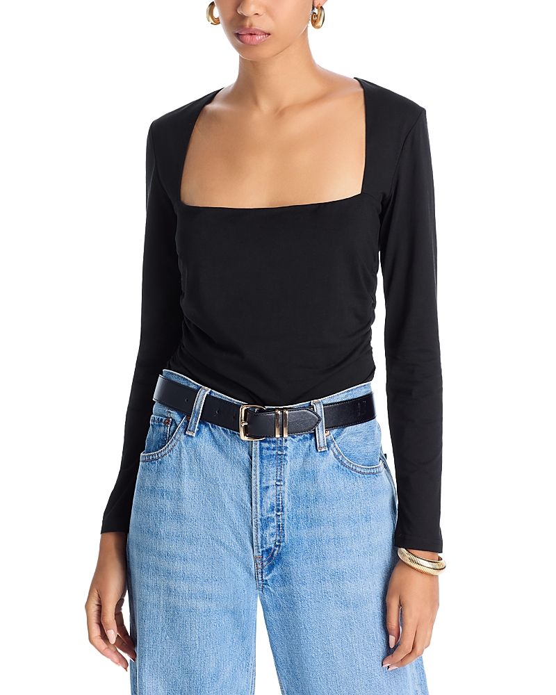 Aqua Ruched Waist Square Neck Top - Exclusive In Black