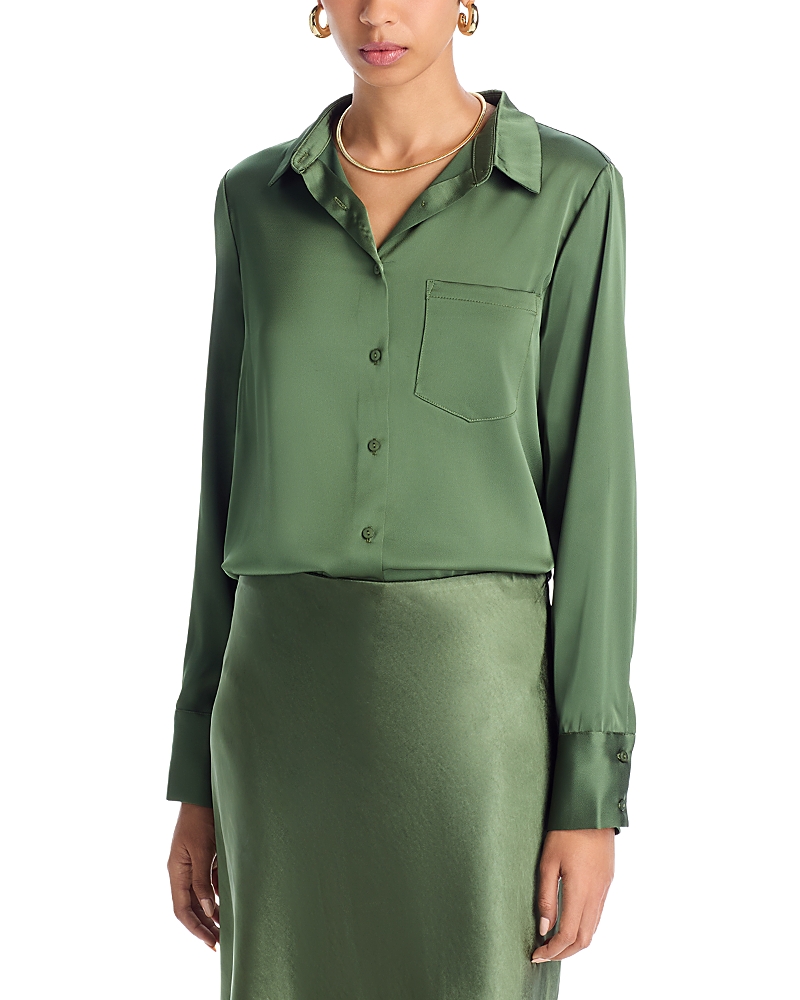 Aqua Satin Button Front Blouse - Exclusive In Green