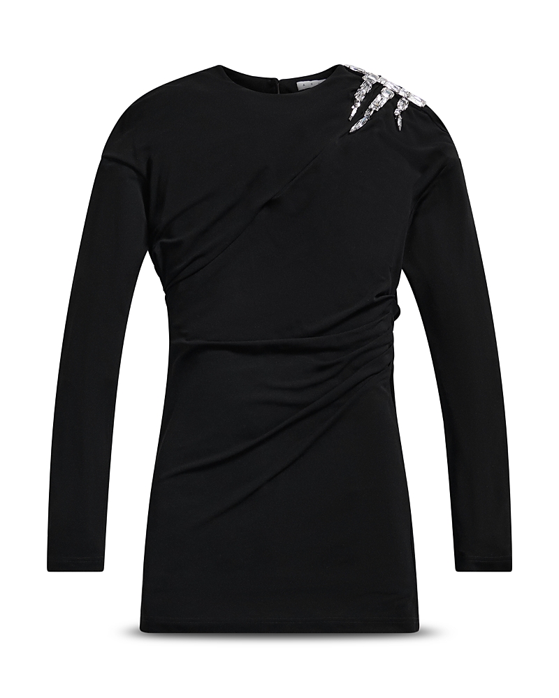 Area Crystal Cluster Draped Long Sleeve Jersey Minidress In Black