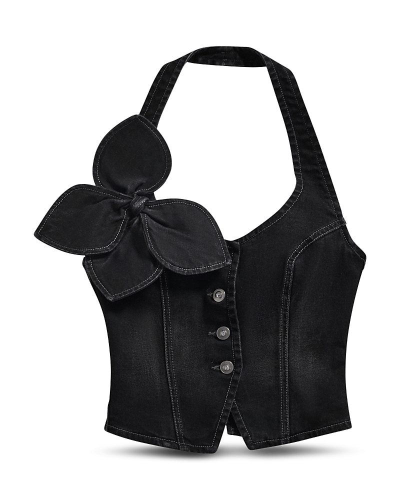 Area Denim Bow Halter Top In Black