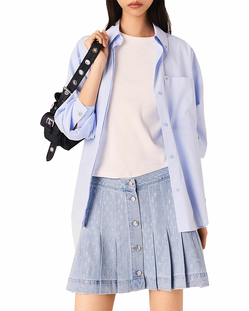 Maje Short Pleated Denim Skirt With Rhinestones In Blue