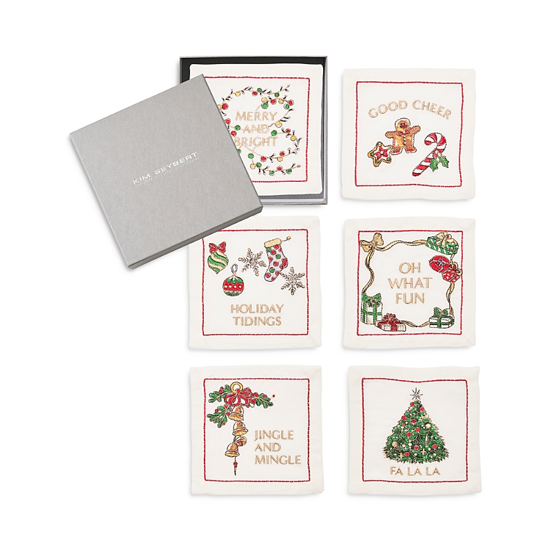 Kim Seybert Merry And Bright Cocktail Napkin In White, Red & Green, Set Of 6 In A Gift Box In Multi