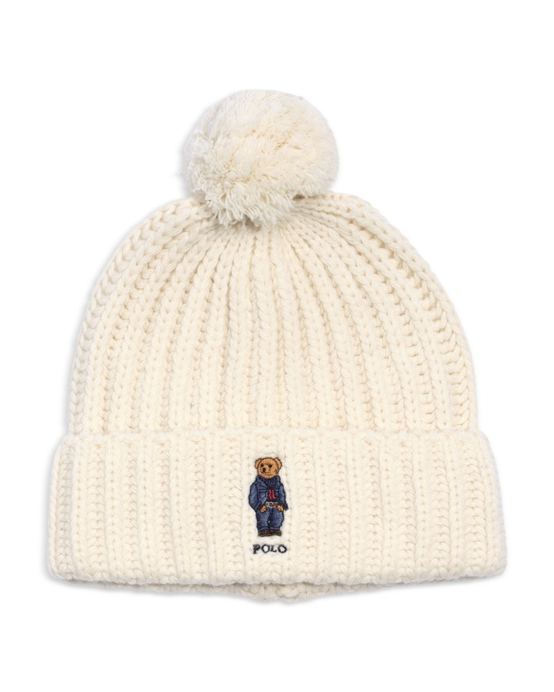 Polo Ralph Lauren Ralph Lauren Pom Pom Denim Bear Beanie in Cream