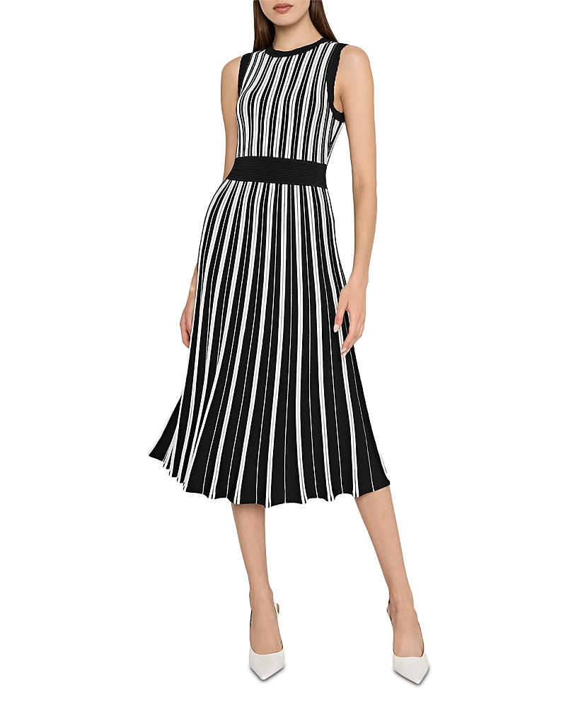 Milly Pleated Striped Knit Midi Dress In Black