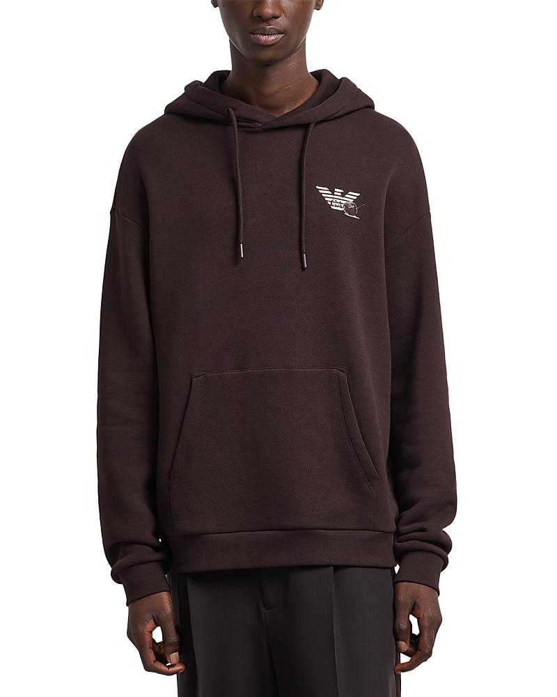Emporio Armani Twill Hooded Sweatshirt With Playing Cards Print At Back In Brown