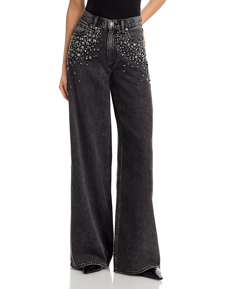 Rag & Bone Featherweight Sofie Embellished High Waist Wide Leg Jeans In Black