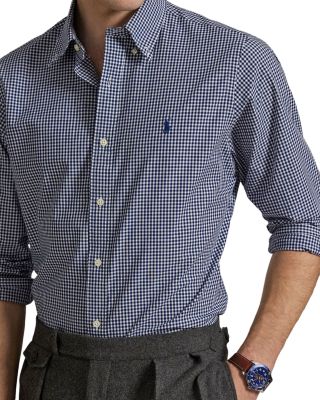 Cotton Stretch Poplin Gingham Check Classic Fit Button Down Shirt