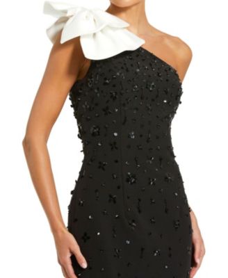  Beaded Crepe One Shoulder Midi Dress with Bow
