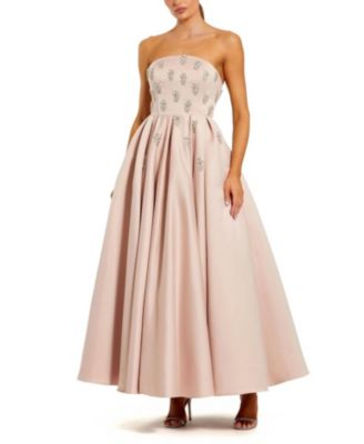  Crystal Embellished Strapless Satin A-Line Dress