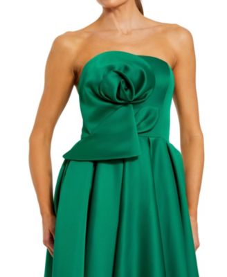 Strapless Satin A Line Midi Dress with 3D Flower