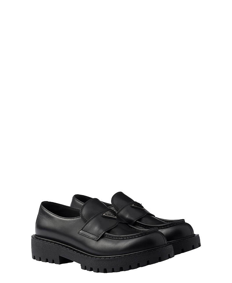 Prada Polished Black Leather Loafers With Chunky Rubber Sole In Black