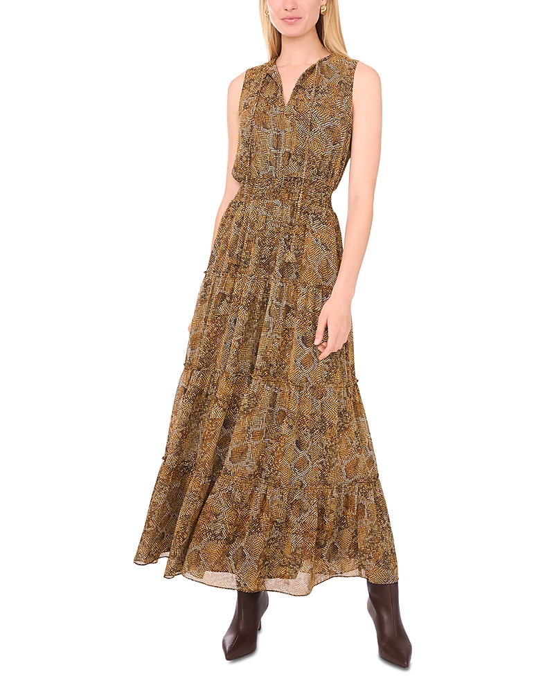 1.state Abstract Print Tie Neck Tiered Maxi Dress In Brown