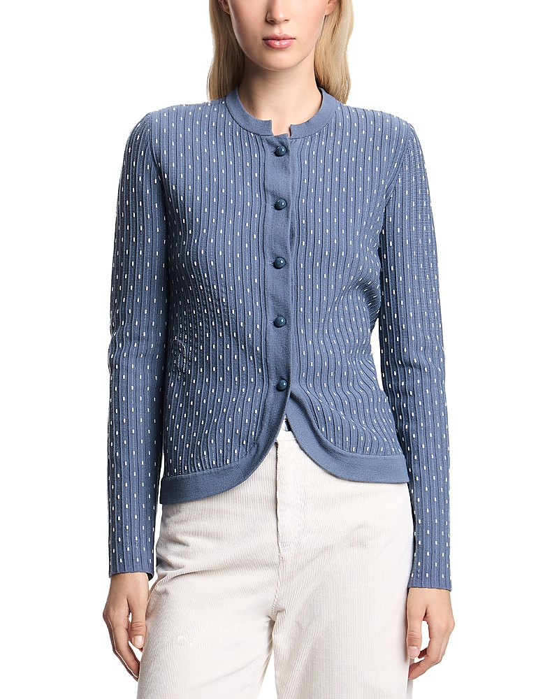 Emporio Armani Polka-dot Viscose-jacquard Plain-knit Cardigan In Blue