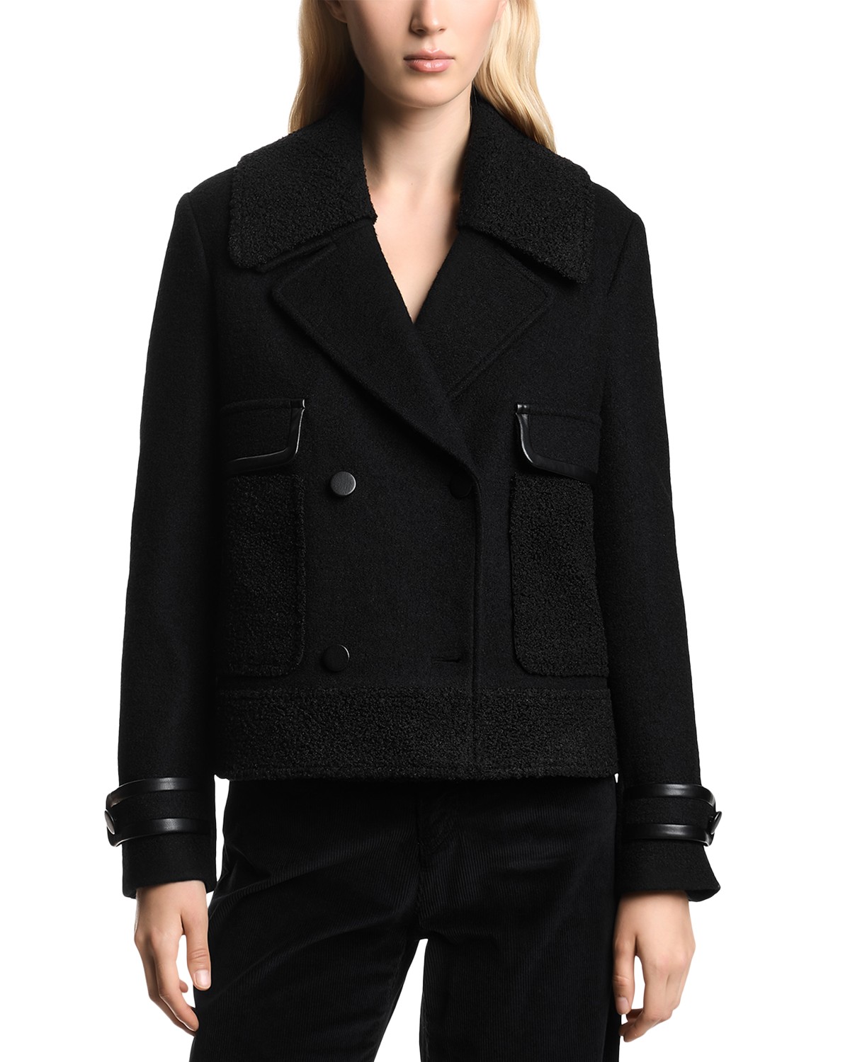 Emporio Armani Fleece Faux Leather Trim Jacket in Solid Black