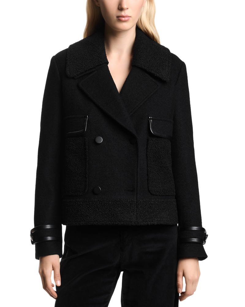 Emporio Armani Fleece Faux Leather Trim Jacket in Solid Black
