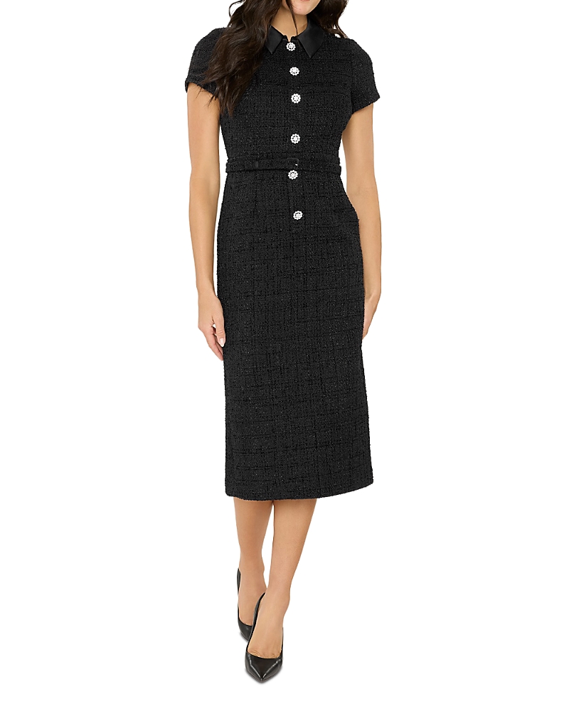 Likely Bardot Crystal Floral Button Tweed Cocktail Midi Dress In Black
