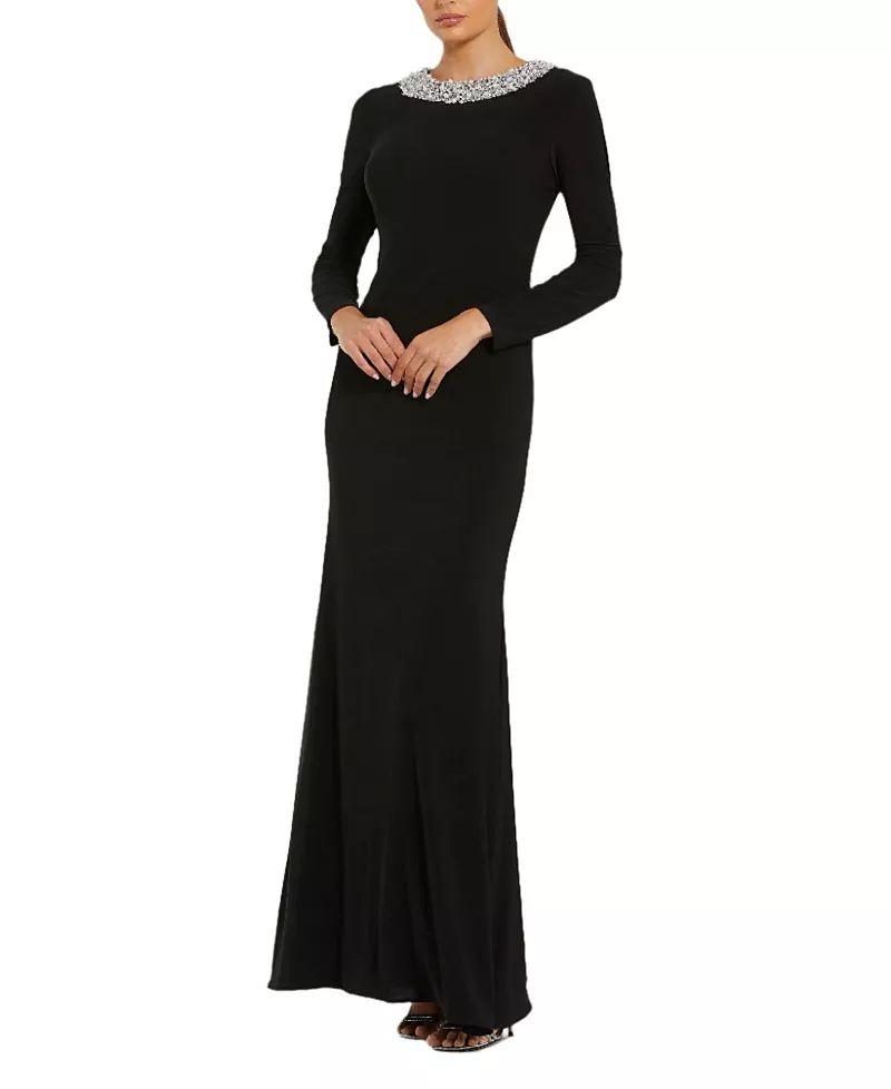 Mac Duggal Jersey Long Sleeve Fitted Gown with Beaded Neck