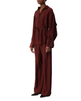 Belted Crinkled Satin Oversized Button Up Shirt