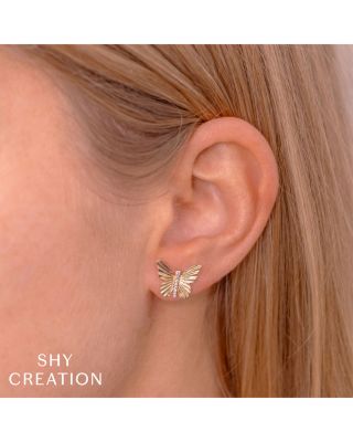 Diamond Ribbed Butterfly Stud Earrings in 14K Yellow Gold, 0.05 tcw