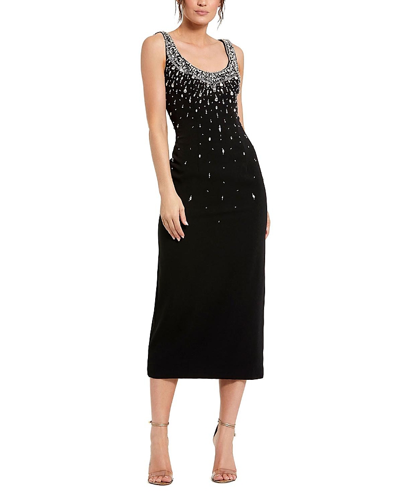 Mac Duggal Beaded Crepe Scoop Neck Sleeveless Midi Dress In Black
