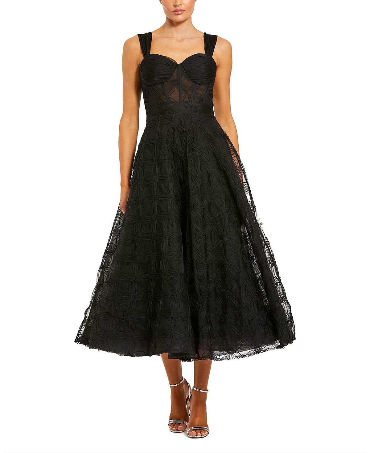 Mac Duggal Sleeveless A Line Bustier Floral Tulle Midi Dress