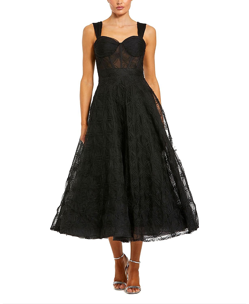 Mac Duggal Sleeveless A Line Bustier Floral Tulle Midi Dress
