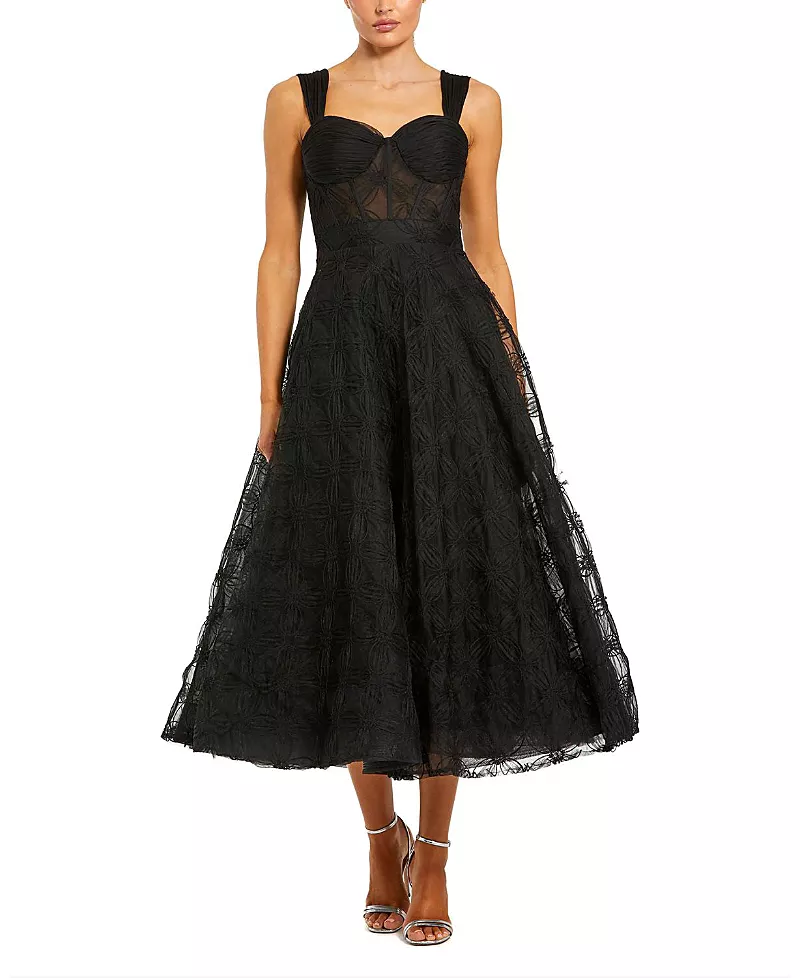 Mac Duggal Sleeveless A Line Bustier Floral Tulle Midi Dress