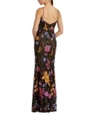 Spaghetti Strap Floral Embroidered Gown