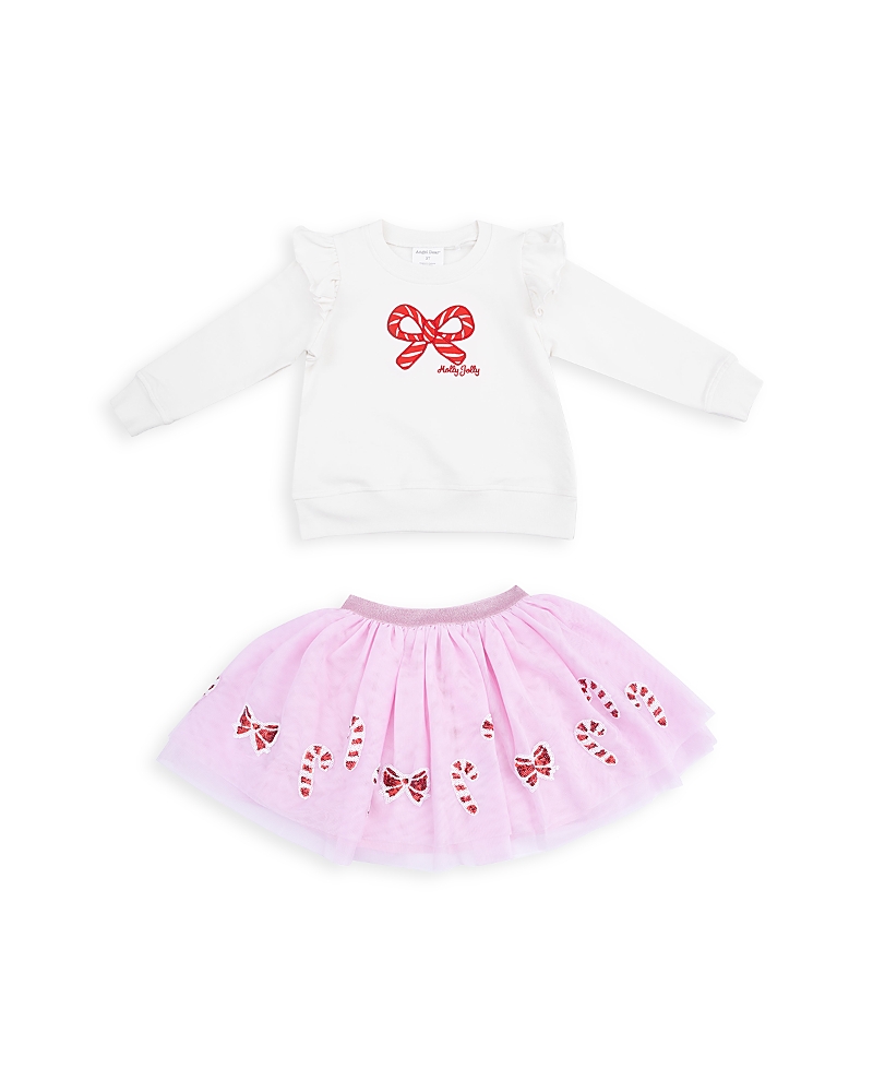 Angel Dear Girls' Candy Canes Ruffled Shoulder Waffle Sweatshirt & Tutu Skirt Set - Baby In White