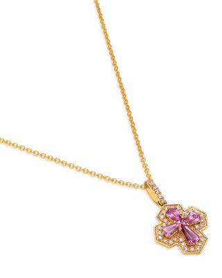 Pink Sapphire & Diamond Square Cross Pendant Necklace in 14K Yellow Gold, 16-18"