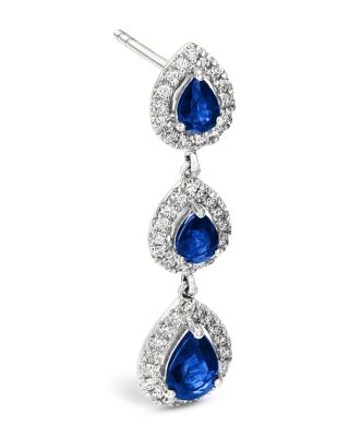 Blue Sapphire & Diamond Pear Halo Drop Earrings in 14K White Gold