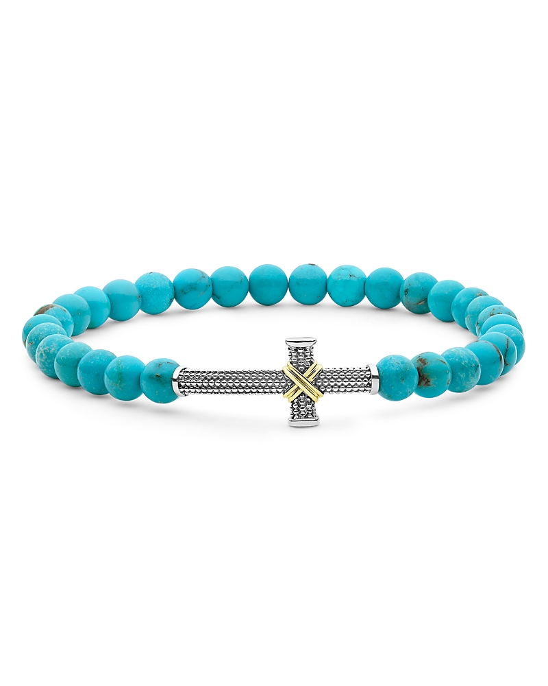 Lagos Two-tone Caviar Cross Turquoise Stretch Bracelet In Blue