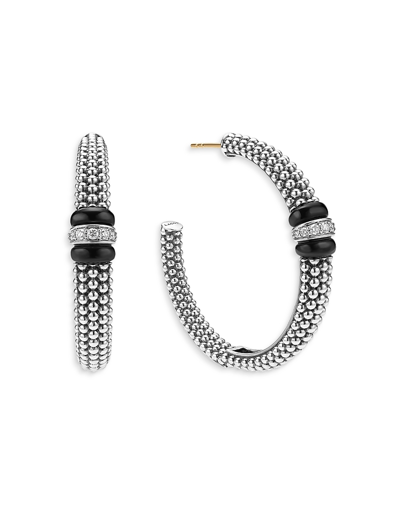 Lagos Sterling Silver Signature Black Caviar Diamond Beaded Large Hoop Earrings In Metallic