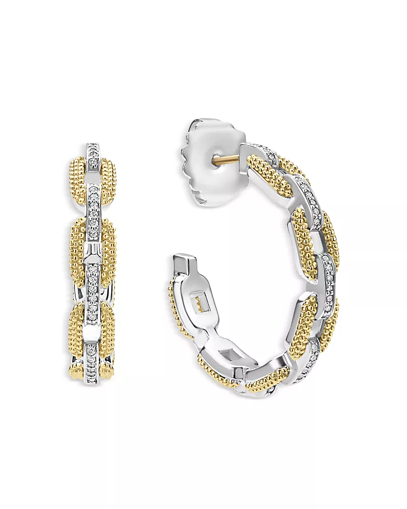 Lagos 18K Yellow Gold & Sterling Silver Caviar Lux Diamond Link Hoop Earrings - Exclusive