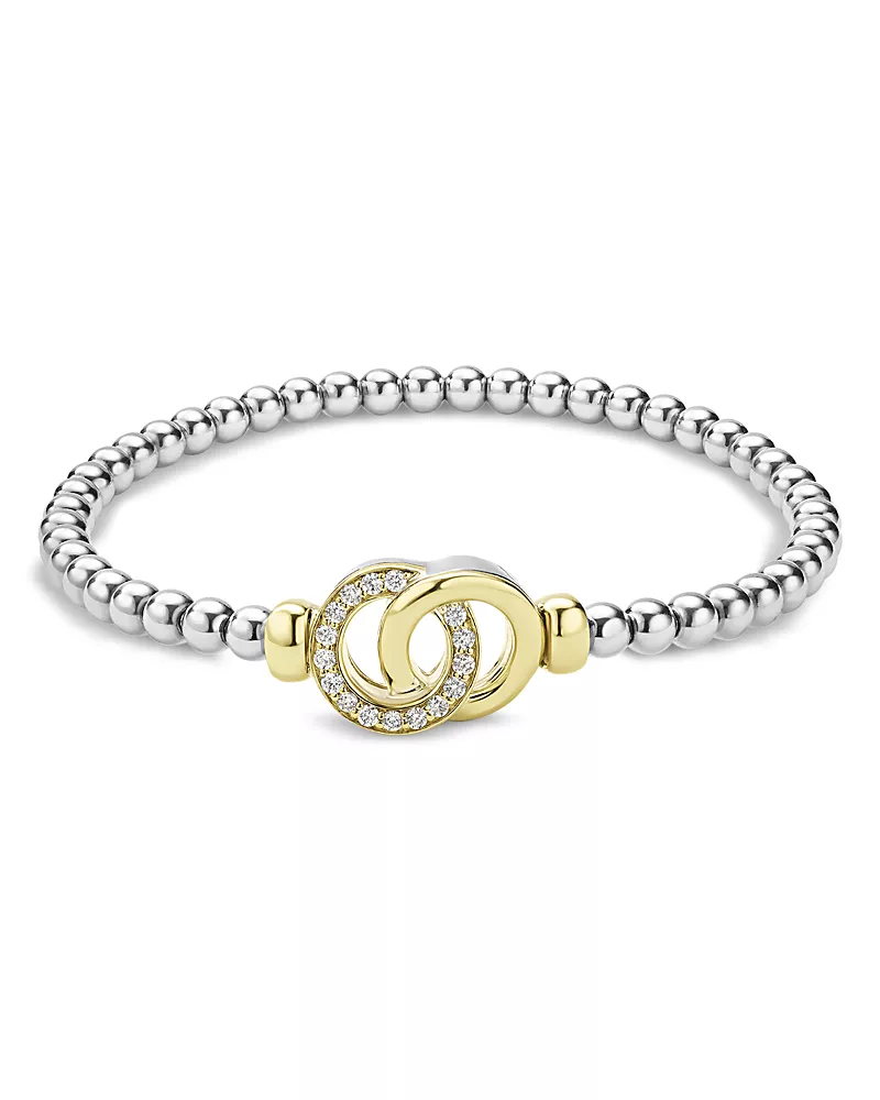 Lagos 18K Yellow Gold & Sterling Silver Signature Caviar Diamond Interlocking Ring Stretch Bracelet