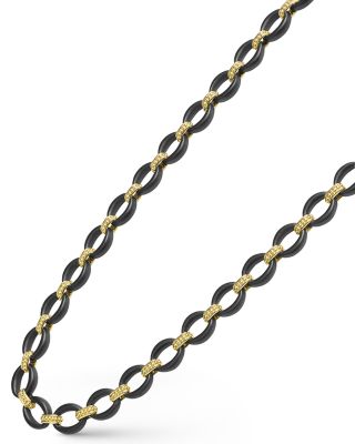 18K Gold Matte Black Ceramic Oval Link Necklace, 20"