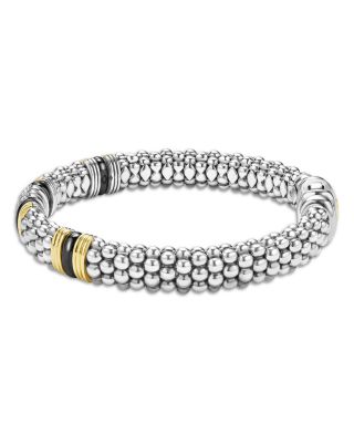 18K Yellow Gold & Sterling Silver Black Caviar Diamond & Black Ceramic Station Bracelet